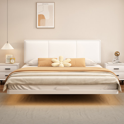 铁艺床悬浮床架钢架现代简约不锈钢床加粗加厚碳素钢洞洞板双人床 - 图1