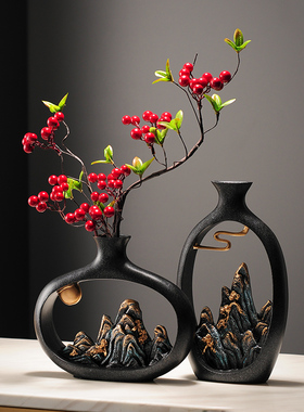 新中式花瓶摆件客厅插花玄关电视柜迎客松屏风装饰禅意博古架摆设