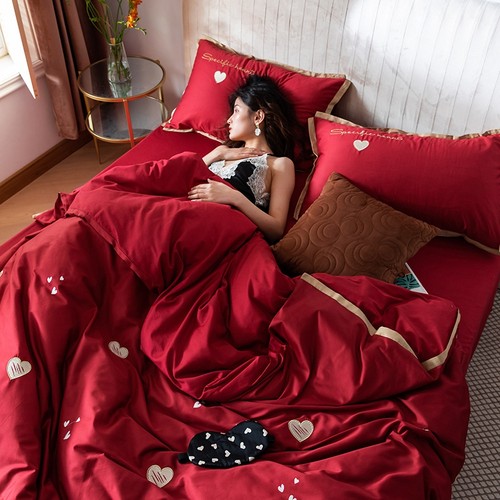 简约婚庆四件套纯棉大红色婚房床单被套全棉结婚床上用品新婚喜被 - 图1