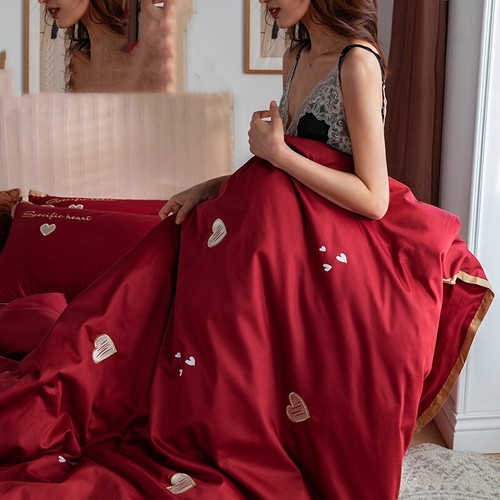 简约婚庆四件套纯棉大红色婚房床单被套全棉结婚床上用品新婚喜被 - 图0