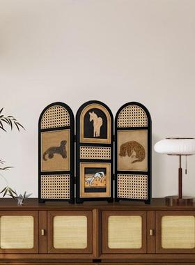 中古风桌面屏风小摆画摆件复古金钱豹装饰画电视柜玄关柜边装饰画