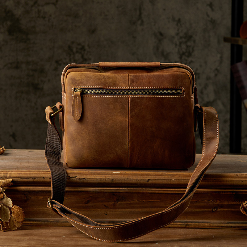 手工牛皮休闲单肩包男横款方形简约百搭斜挎包复古青年拉链男包包,淘宝优惠券,粉丝福利购,淘宝优惠卷