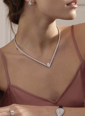 简约法式V字型新娘婚纱礼服晚宴项链耳环套装女小众设计感高级闪