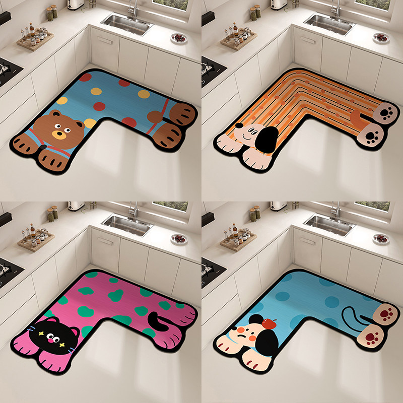 蓝色小狗厨房拐角加厚硅藻泥L型专用地垫防水防油地毯防滑脚垫子,淘宝优惠券,粉丝福利购,淘宝优惠卷