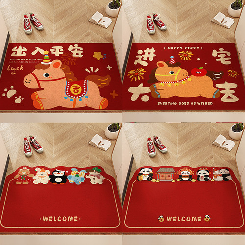 卡通马年红色入户门地垫新款喜庆防滑除尘耐磨脚垫进门大门口地毯 - 图0