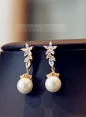 金色婚纱项链套装微镶锆石贝珠结婚晚宴主持配饰品晚礼服新娘首饰