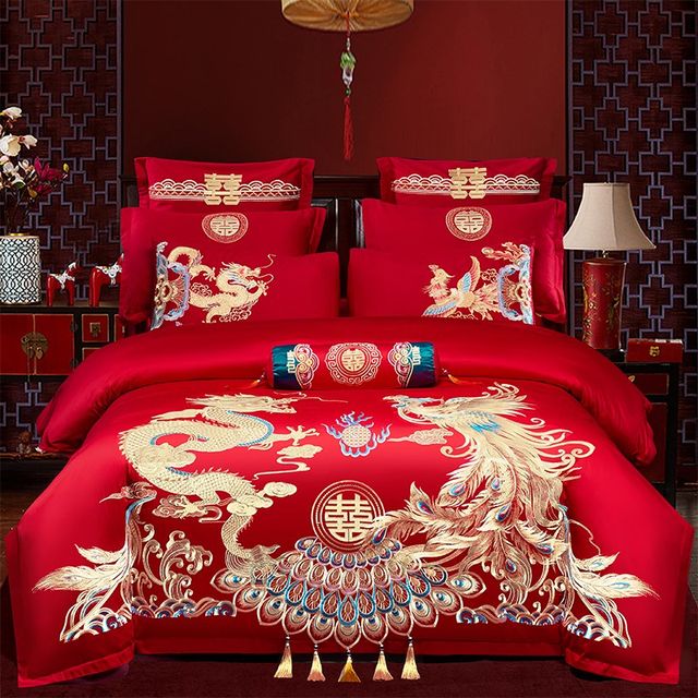 High-end wedding b big red four-piece set of cotton dragon and phoenix embroidery new wedding room wedding quilt cover pure cotton sheets for bed
