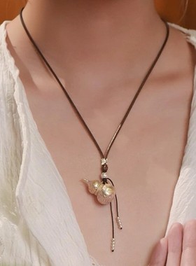 新款元财瑞兽描金葫芦项链女