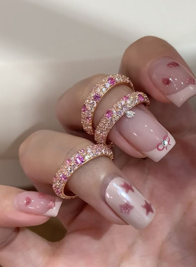 渐变蜜桃粉白钻密镶圆珠叠戴戒指