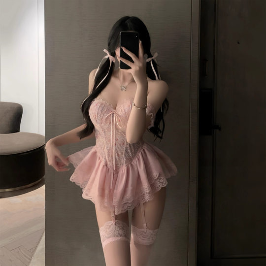 小碎花性感吊带睡衣聚拢女胸垫甜美连衣裙纯欲风少女蕾丝睡裙诱惑