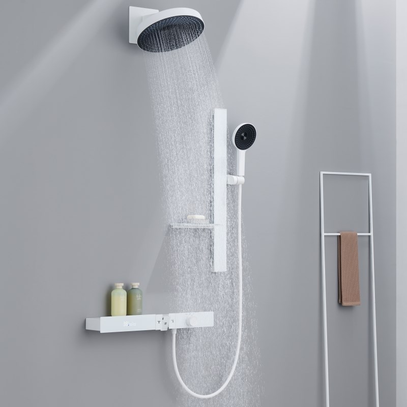 德国枪灰色恒温花洒套装暗装预埋式浴室置物架增压数显淋浴器白色 - 图0
