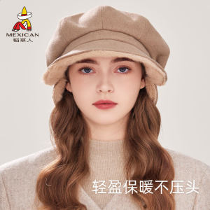 稻草人加绒帽子秋冬季加厚女护耳显脸小保暖鸭舌渔夫帽宽檐八角帽