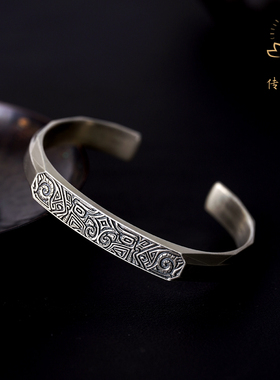 传是S925纯银手镯饕餮兽面纹镯子