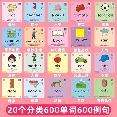 幼儿英语单词卡片启蒙早教记背神器小学生儿童宝宝英文字母随身点读卡三年级卡通彩色记忆卡环扣式学习背诵卡 - 图1