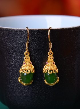 925银镀金貔貅青玉髓古风国潮宫廷风气质复古女士时尚百搭耳钉