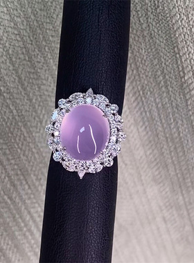 S925纯银镀金天然紫罗兰玉髓鸽子蛋戒指紫气东来铃兰花开戒指女