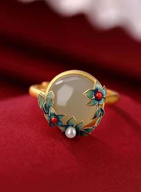 景泰蓝天然碧玉珍珠戒指珐琅工艺复古宫廷梅花女士民族风开口指环