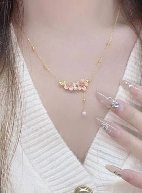 铜镀金精致百搭超显白十二花生樱花雨项链气质高级感甜美珍珠项链