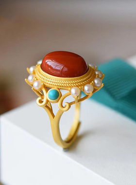 天然和田玉珍珠戒指宫廷风S925纯银南红玛瑙大蛋面戒指古法金饰品