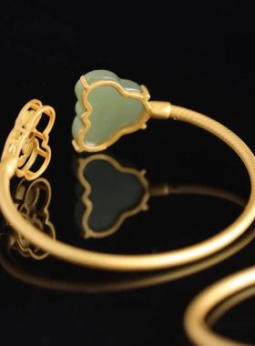 碧玉手镯女如意祥云古风汉服开口玉镯子鎏金送老师妈妈的礼物首饰