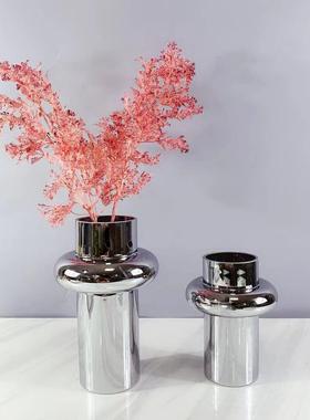现代银色花瓶玻璃客厅插花花艺仿真干花电视柜餐桌面装饰品