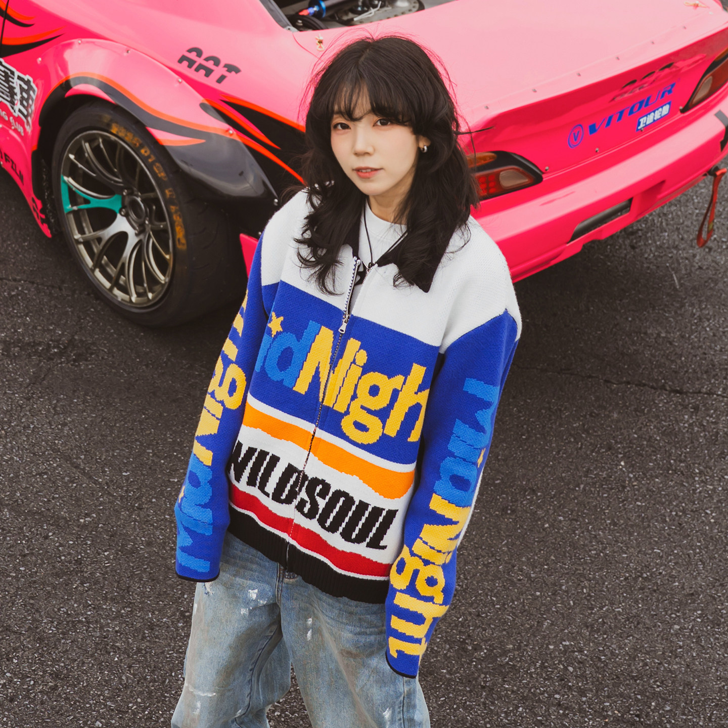 wildsoul-MIDNIGHT湾岸风赛车抗静电拉链翻领宽松毛衣外套 - 图2