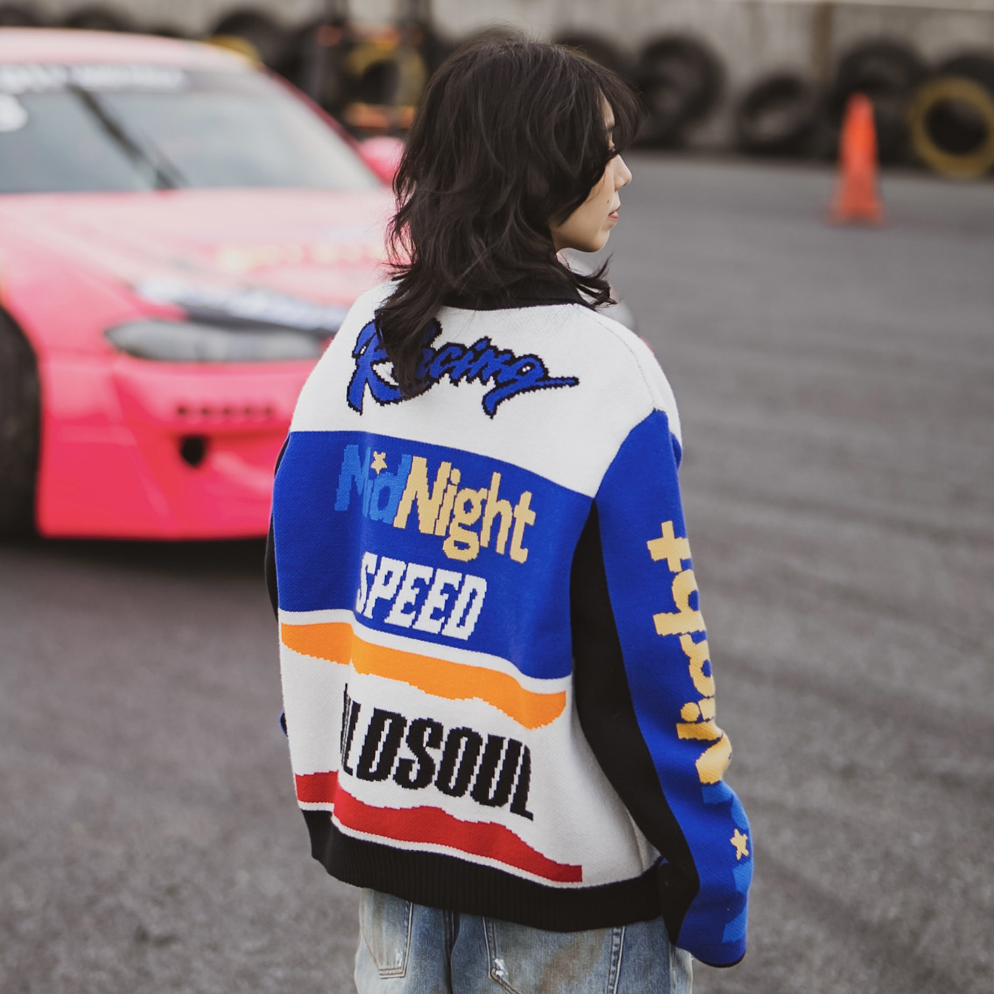 wildsoul-MIDNIGHT湾岸风赛车抗静电拉链翻领宽松毛衣外套 - 图3