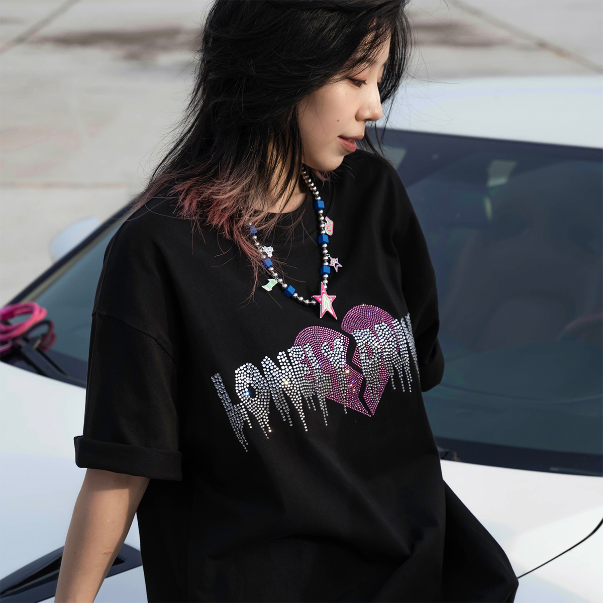 wildsoul美式街头LONELYDRIVER心碎俱乐部情侣款纯棉T恤半袖短袖 - 图2