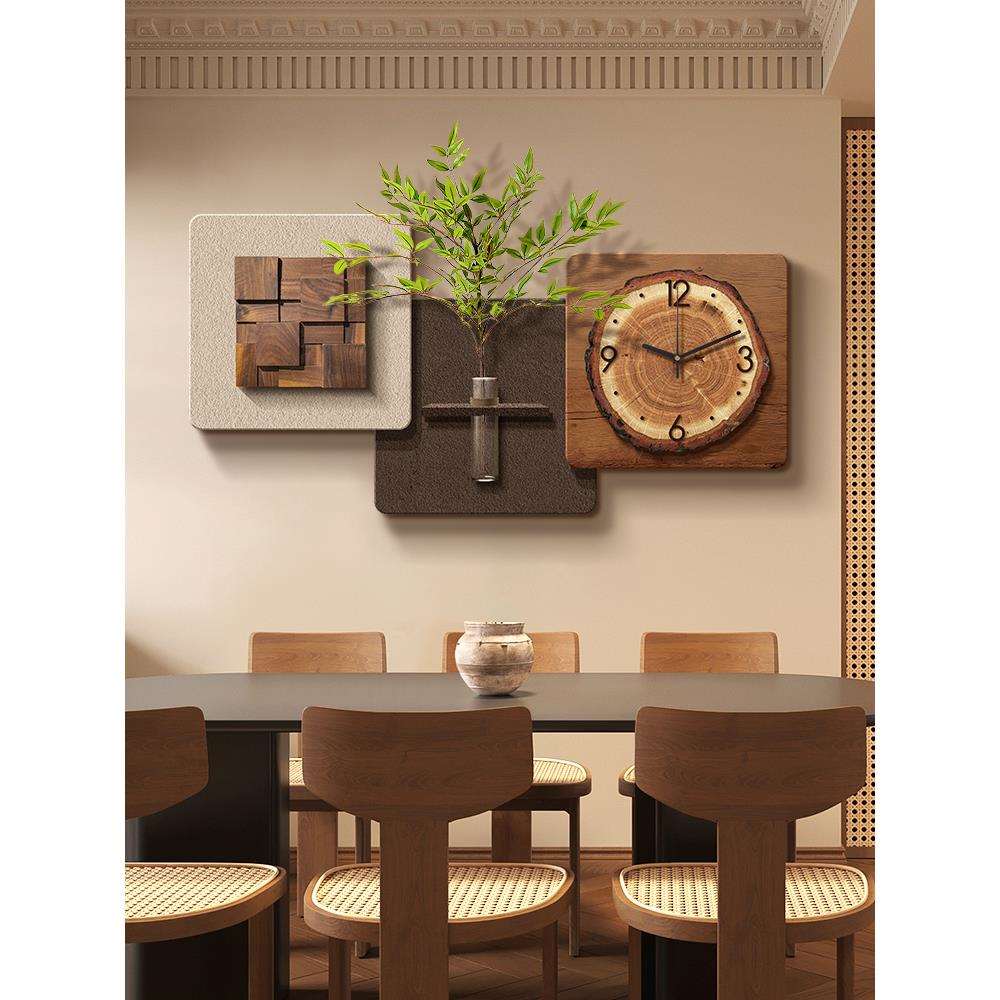 立体砂岩中古风餐厅装饰画2025新款带钟表餐桌客厅挂画墙面高级感 - 图3