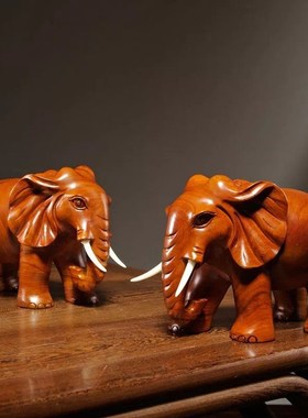 花梨木雕刻大象摆件一对实木家居吉祥木质吸水象办公室装饰工艺品