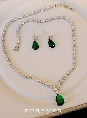 日韩简约百搭新娘结婚锆石项链耳环套装水滴显瘦婚纱礼服宴会配饰