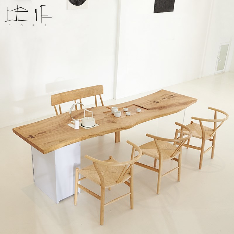 白蜡木实木茶桌自然边原木大板茶台简约时尚新中式多功能茶几一体 - 图0