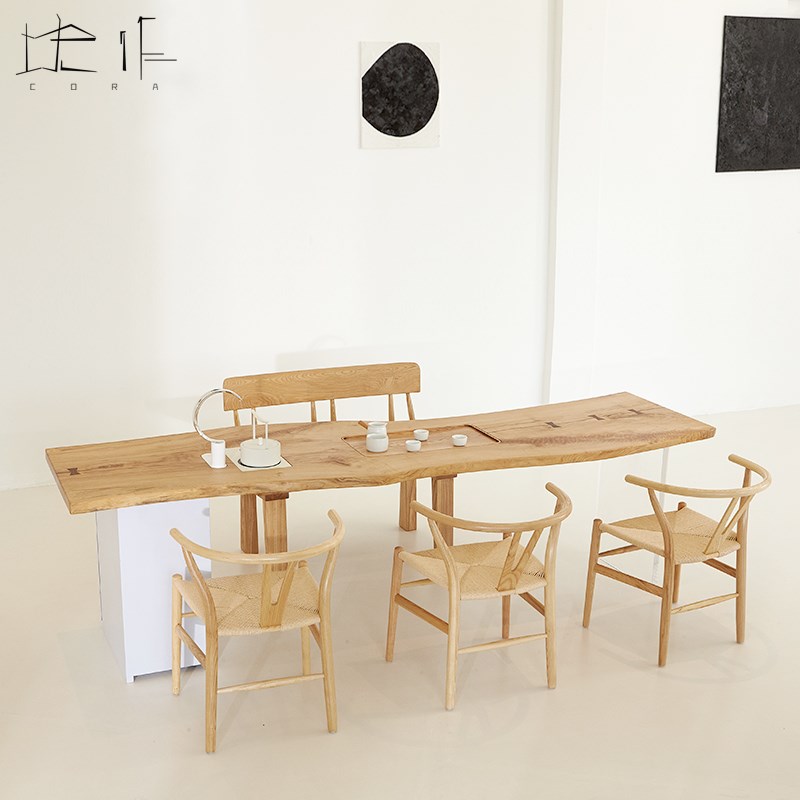 白蜡木实木茶桌自然边原木大板茶台简约时尚新中式多功能茶几一体 - 图2