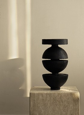 栗石侘寂风实木抽象几何艺术摆件复古创意碳化木样板间装饰品摆设