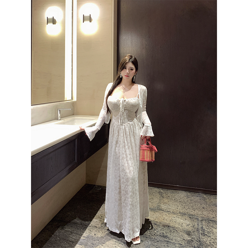 B-babes【纯欲白花】白色吊带碎花连衣裙女微胖显瘦海边长裙套装,淘宝优惠券,粉丝福利购,淘宝优惠卷