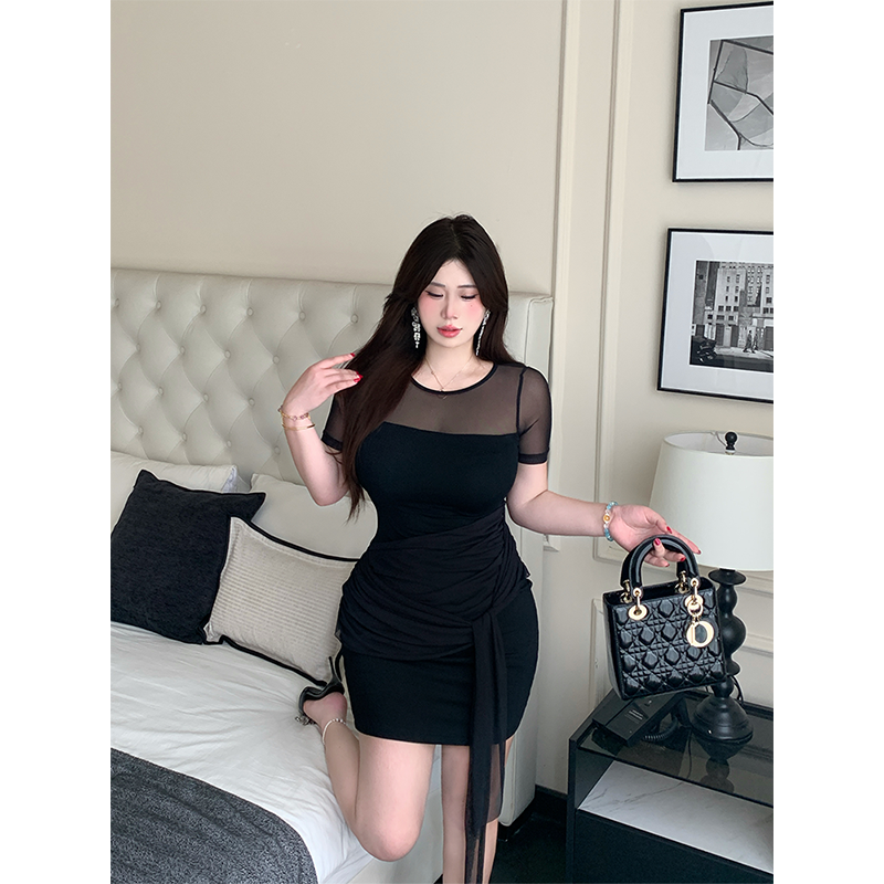 B-babes【若隐若线】夏季气质设计感连衣裙网纱拼接短袖包臀裙女 - 图3