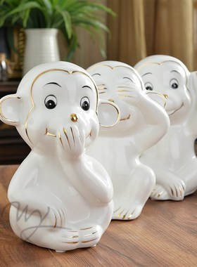 陶瓷三不猴摆件工位情绪稳定摆件家居客厅电视柜玄关Y办公装饰品