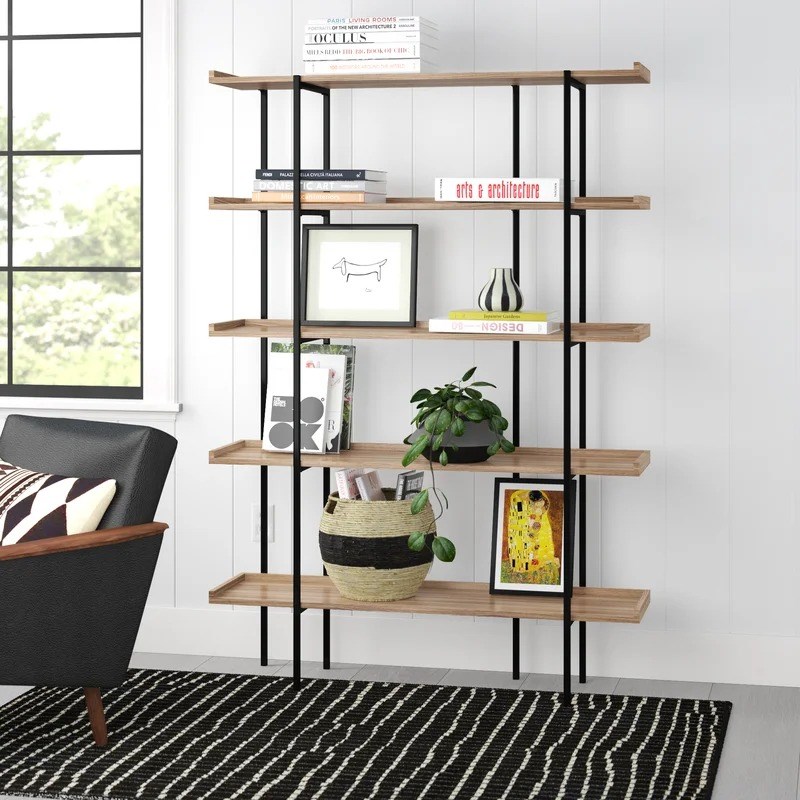 Iron solid wood bookshelf, American display rack, floor-to-ceiling wall-mounted living room storage rack, retro partition, multi-layer office bookcase