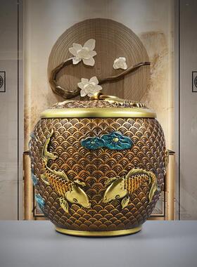 全铜鲤鱼铜缸小摆件聚宝盆铜茶叶罐储物罐密封储茶器带盖子铜缸礼