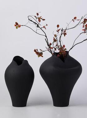 现代新中式灰白黑色手工陶瓷花瓶摆件样板间酒店客厅玄关花器装饰