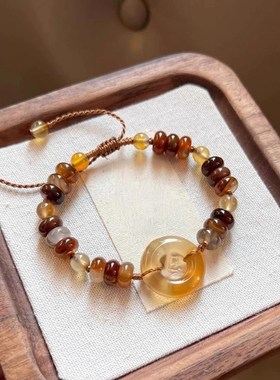 极速新中式棕色串珠平安扣手链女轻奢民族风可抽T拉手串时尚百搭