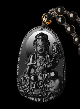极速新品文殊菩萨天然黑曜石吊z坠水晶项链十二生肖本命佛八大守