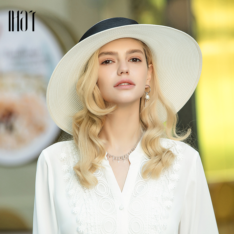 EE早春新款 时尚大檐圆顶丝带草帽 夏季度假出行百搭帽子女 - 图1