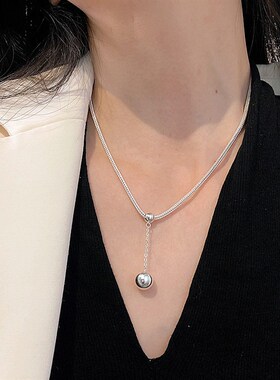 轻奢Y形圆珠素银流苏项链女小众设计高级感2023年新潮个性毛衣链