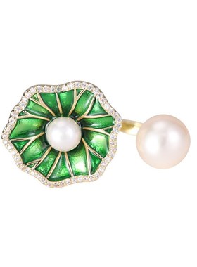 小众设计感气质个性食指戒开口可调高级感国潮新中式荷叶珍珠戒指