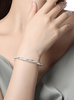 莫比乌斯环手镯女百搭实心白铜镀银镯子男女生情侣镀银饰生日礼物