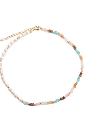 民族风彩色飞盘石串珠珍珠项链多巴胺混色小众复古串珠珍珠锁骨链