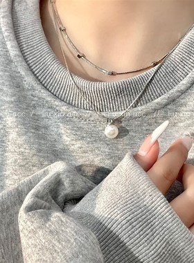 双层珍珠方块项链女轻奢时尚百搭锁骨链小众简约设计高级感毛衣链