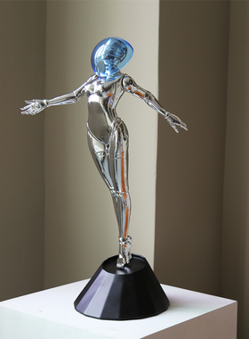 未来科技感艺术银色机械女泡泡装饰摆件客厅书房轻奢人物坐姿雕塑