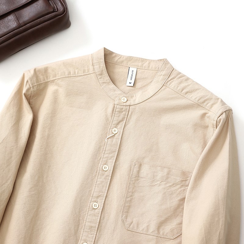 2024春秋季新款简约纯棉长袖衬衫立领男士无领衬衣新中式通勤上衣 - 图1